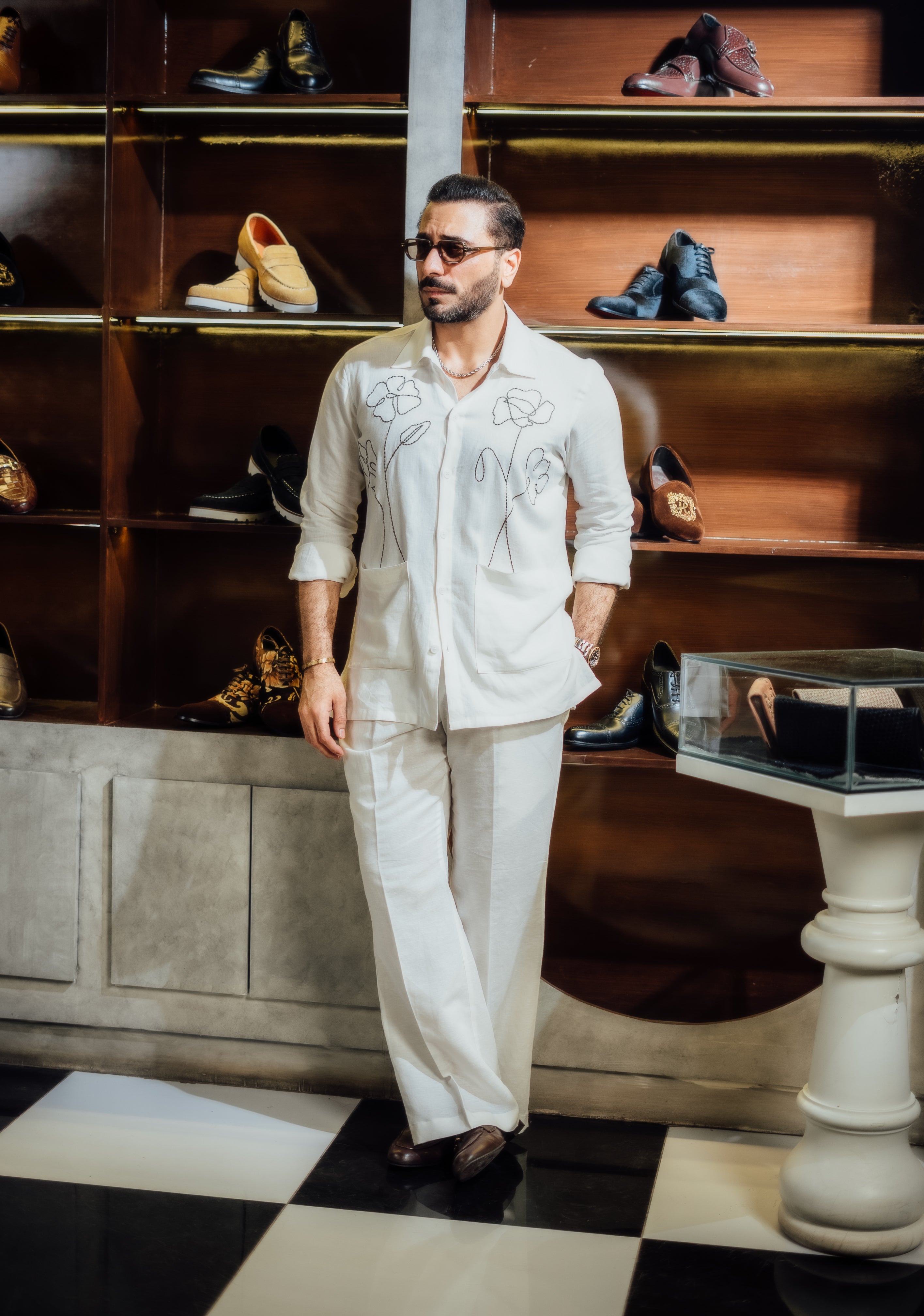 WHITE FLORAL OUTLINE CO-RD SET Humayun Alamgir