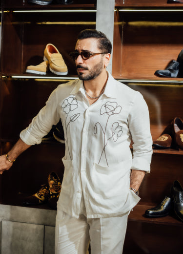 WHITE FLORAL OUTLINE CO-RD SET Humayun Alamgir