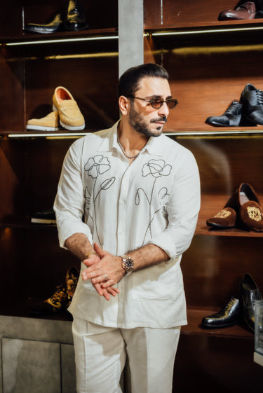 WHITE FLORAL OUTLINE CO-RD SET Humayun Alamgir