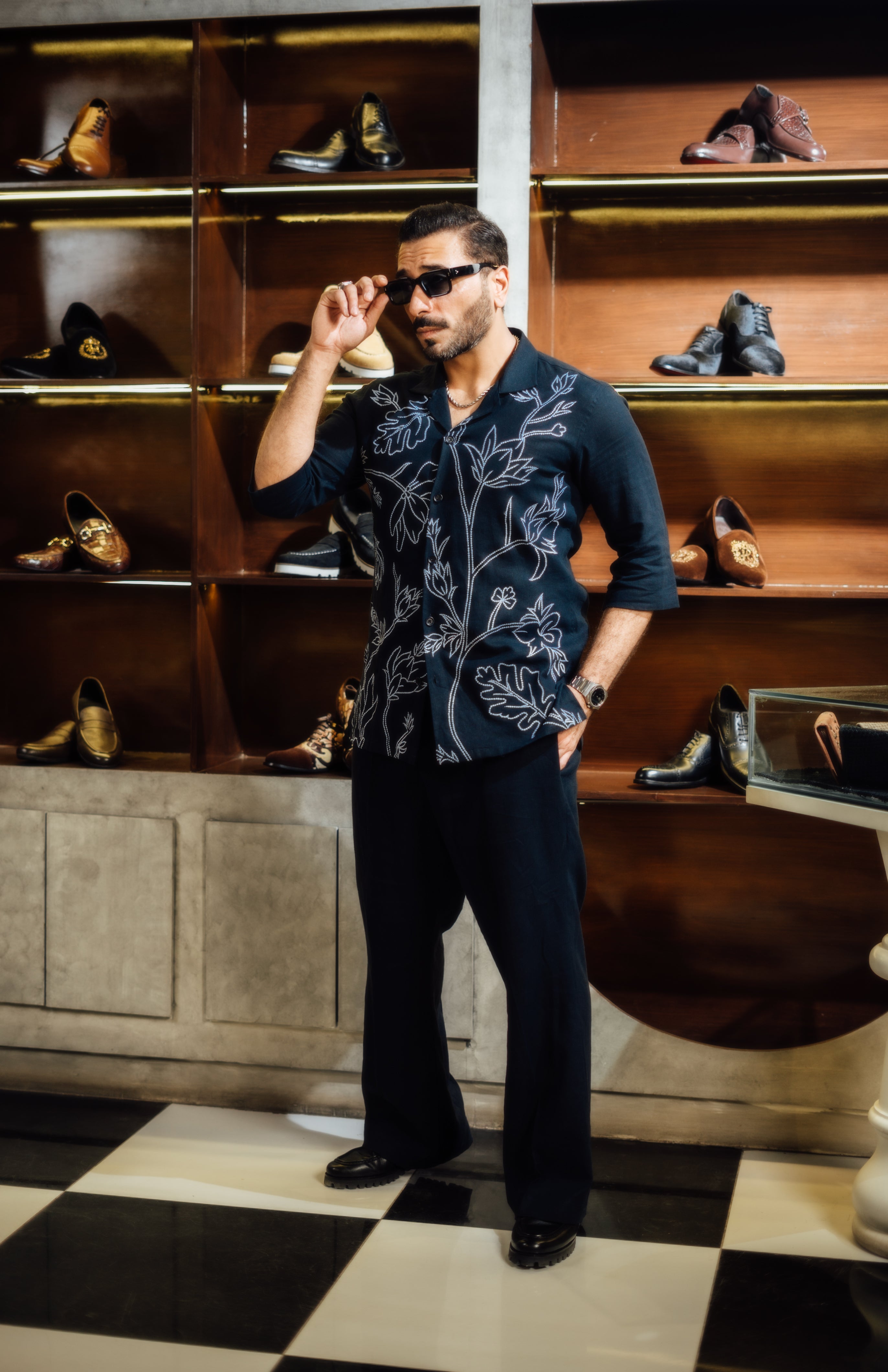 NAVY BLUE FLORAL OUTLINE SHIRT Humayun Alamgir