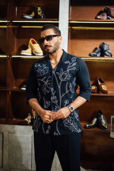 NAVY BLUE FLORAL OUTLINE CO-RD SET Humayun Alamgir