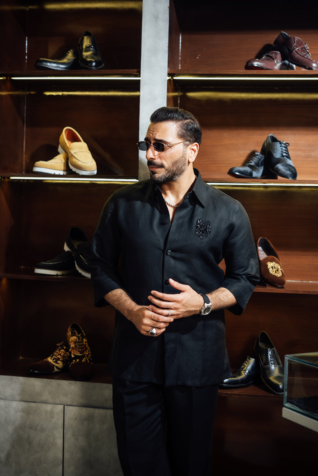 BLACK APPLIQUE MOTIF SHIRT Humayun Alamgir