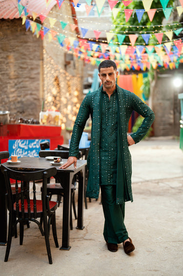 EMERALD GREEN MIRROR EMBROIDERY KURTA PAJAMA