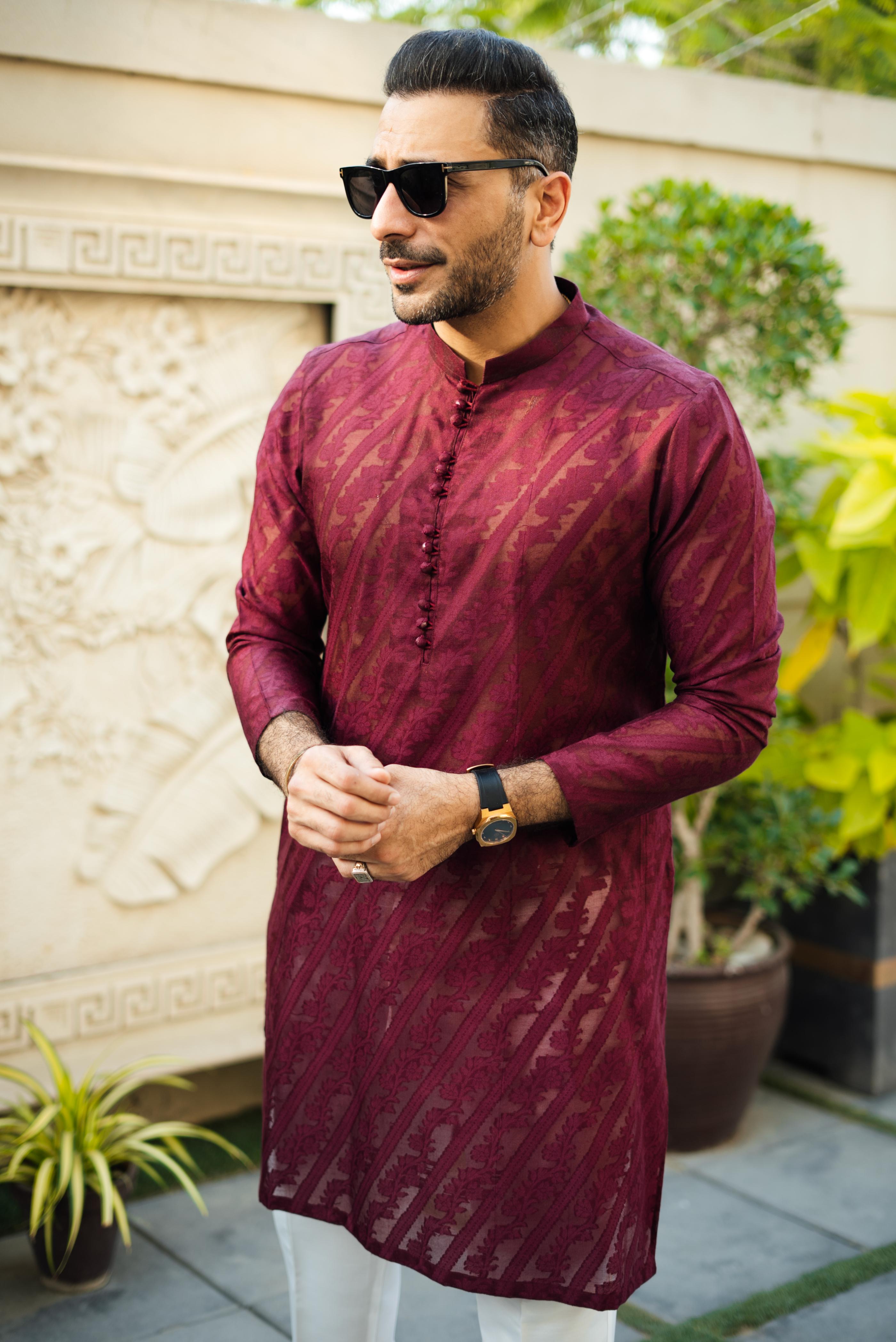 "QAMASH" MAROON KURTA PAJAMA Humayun Alamgir