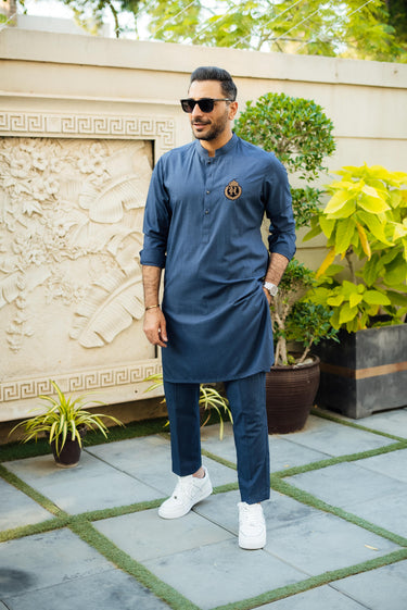 BLUE TEXTURE WASH N WEAR KURTA PAJAMA Humayun Alamgir