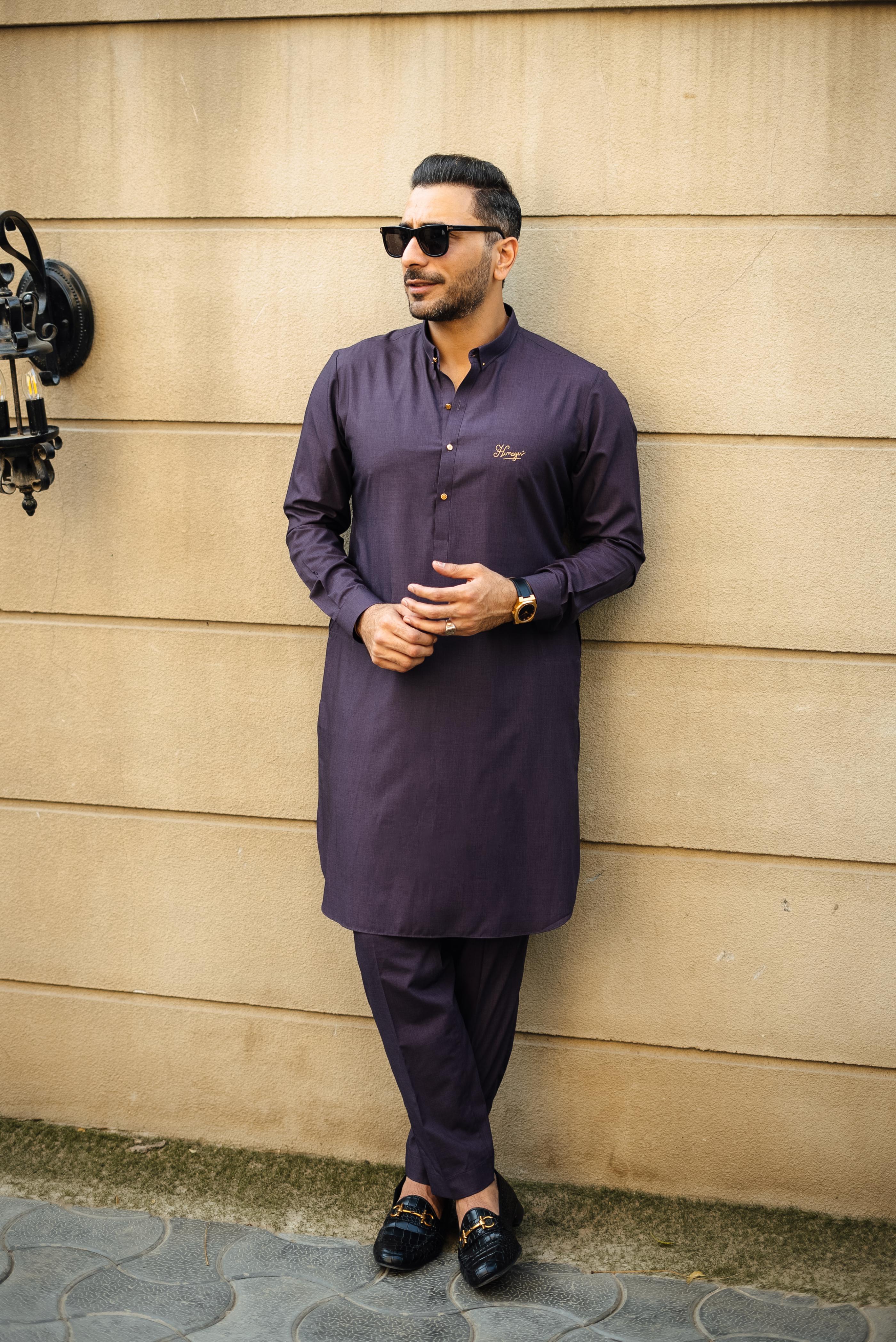 PURPLE TEXTURE WASH N WEAR KURTA PAJAMA Humayun Alamgir