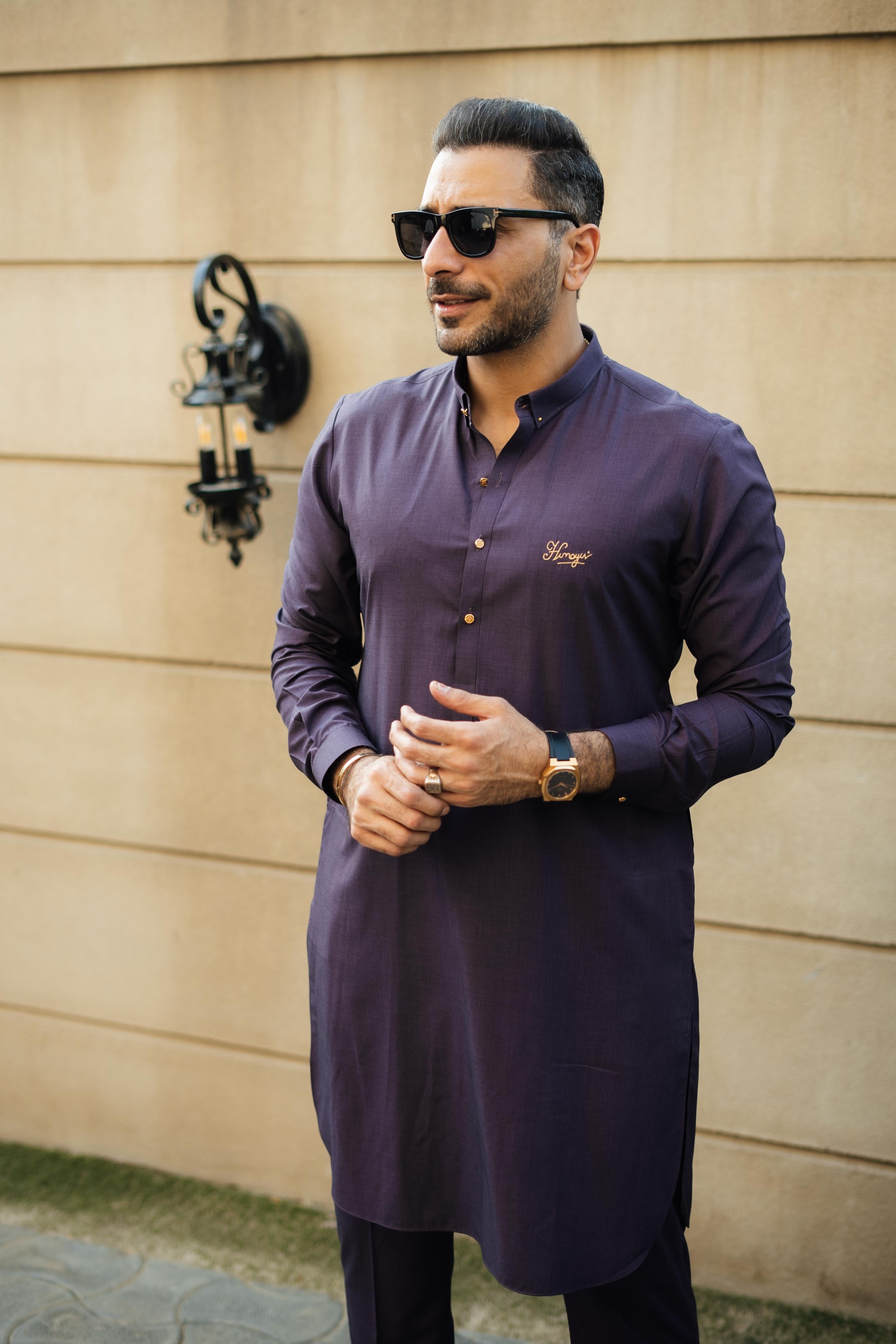 PURPLE TEXTURE WASH N WEAR KURTA PAJAMA Humayun Alamgir