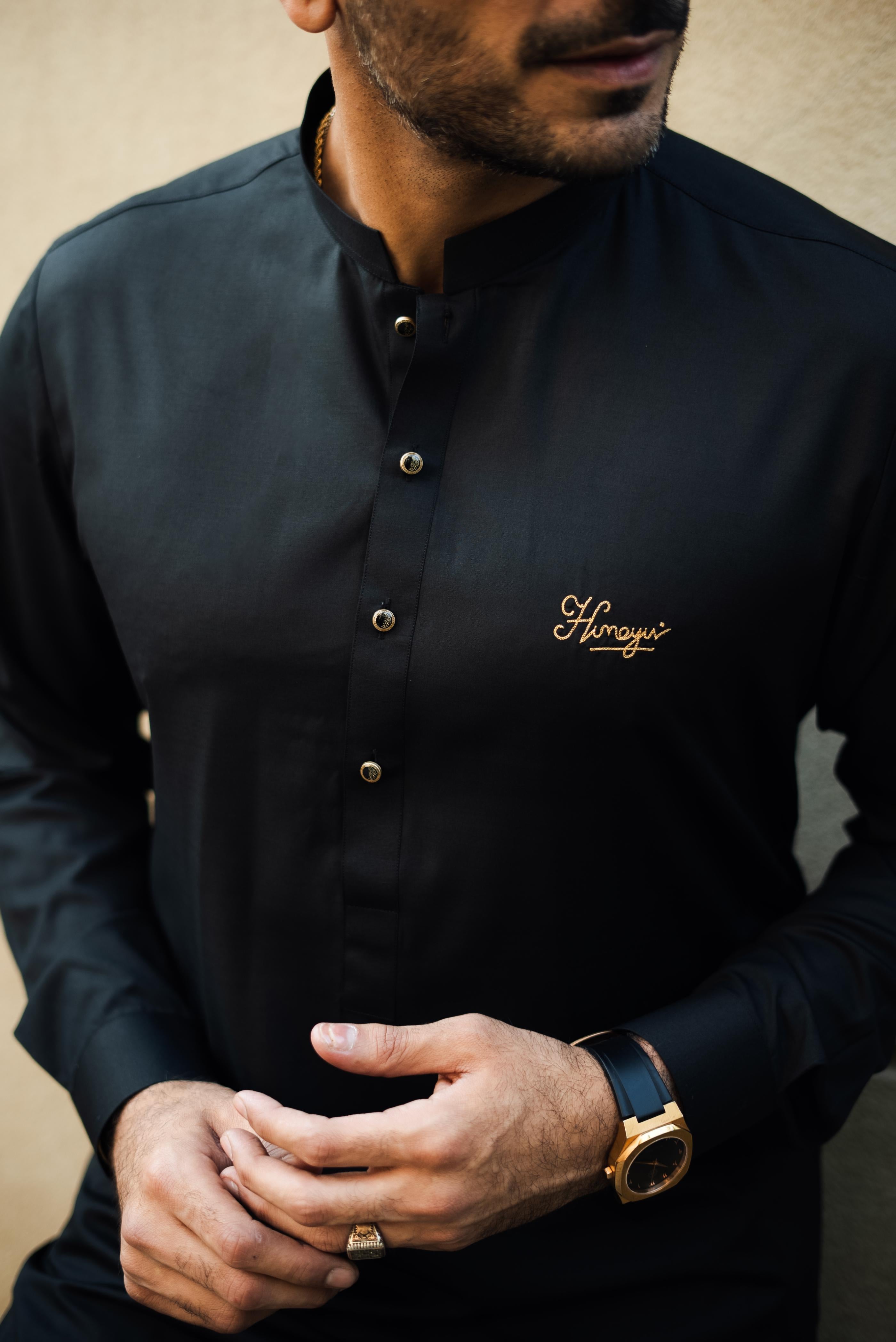 BLACK COTTON SATIN KURTA PAJAMA Humayun Alamgir