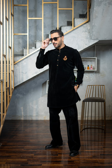 BLACK VELVET KURTA PAJAMA Humayunalamgir
