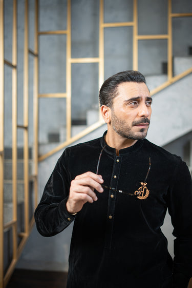 BLACK VELVET KURTA PAJAMA Humayunalamgir