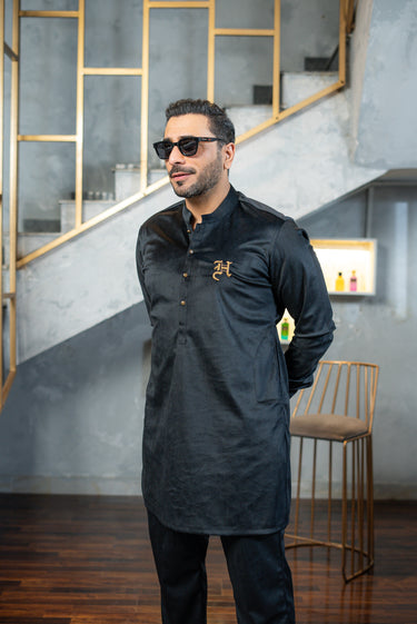 Dark Charcoal Grey Velvet Kurta pajama