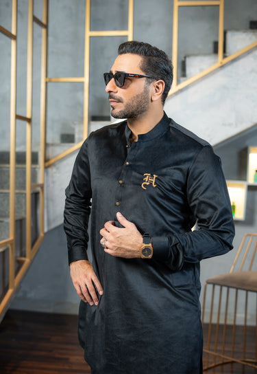 Dark Charcoal Grey Velvet Kurta pajama