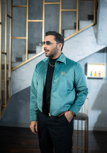 Embroidered Turquoise Velvet Jacket With Signature