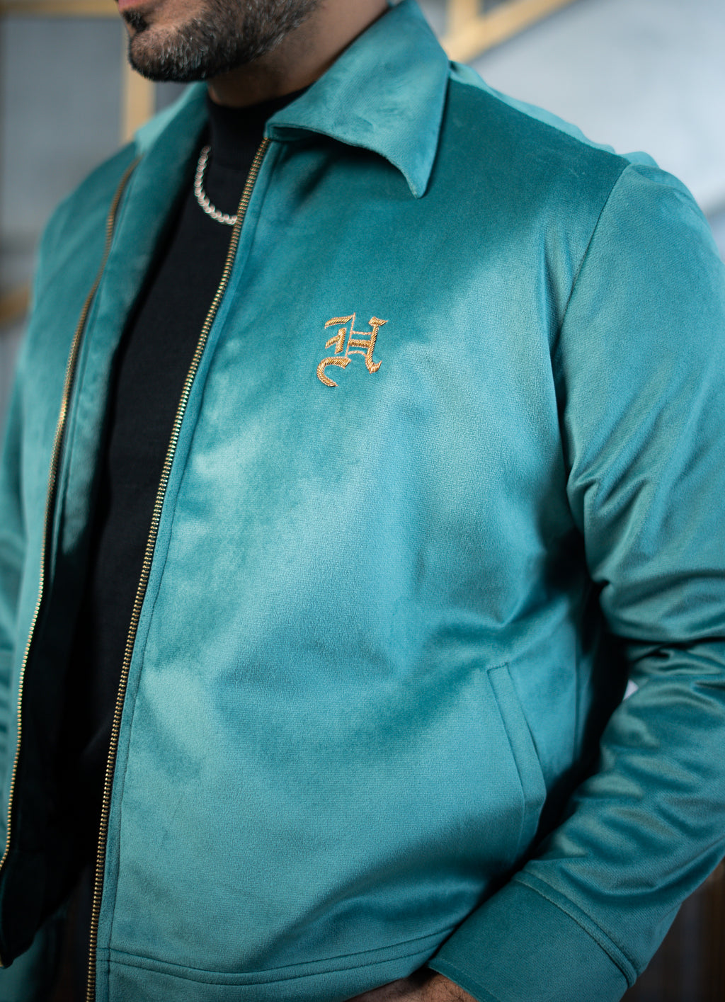 Embroidered Turquoise Velvet Jacket With Signature Winter Jackets Humayun Alamgir