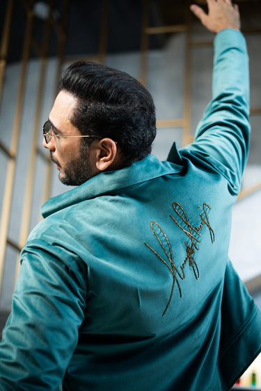 Embroidered Turquoise Velvet Jacket With Signature