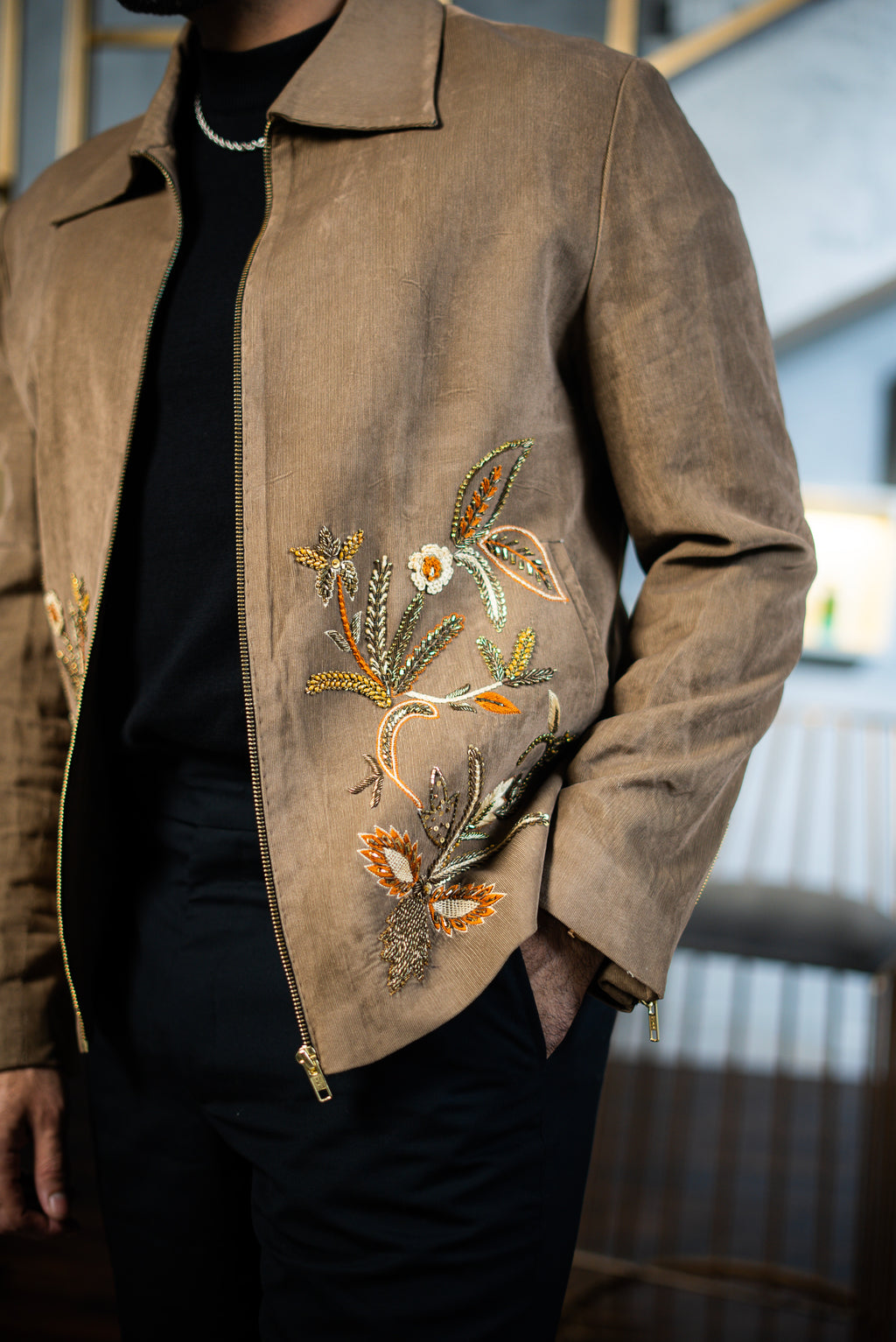 Embroidered Beige Velvet Zipper Jacket Winter Jackets Humayun Alamgir