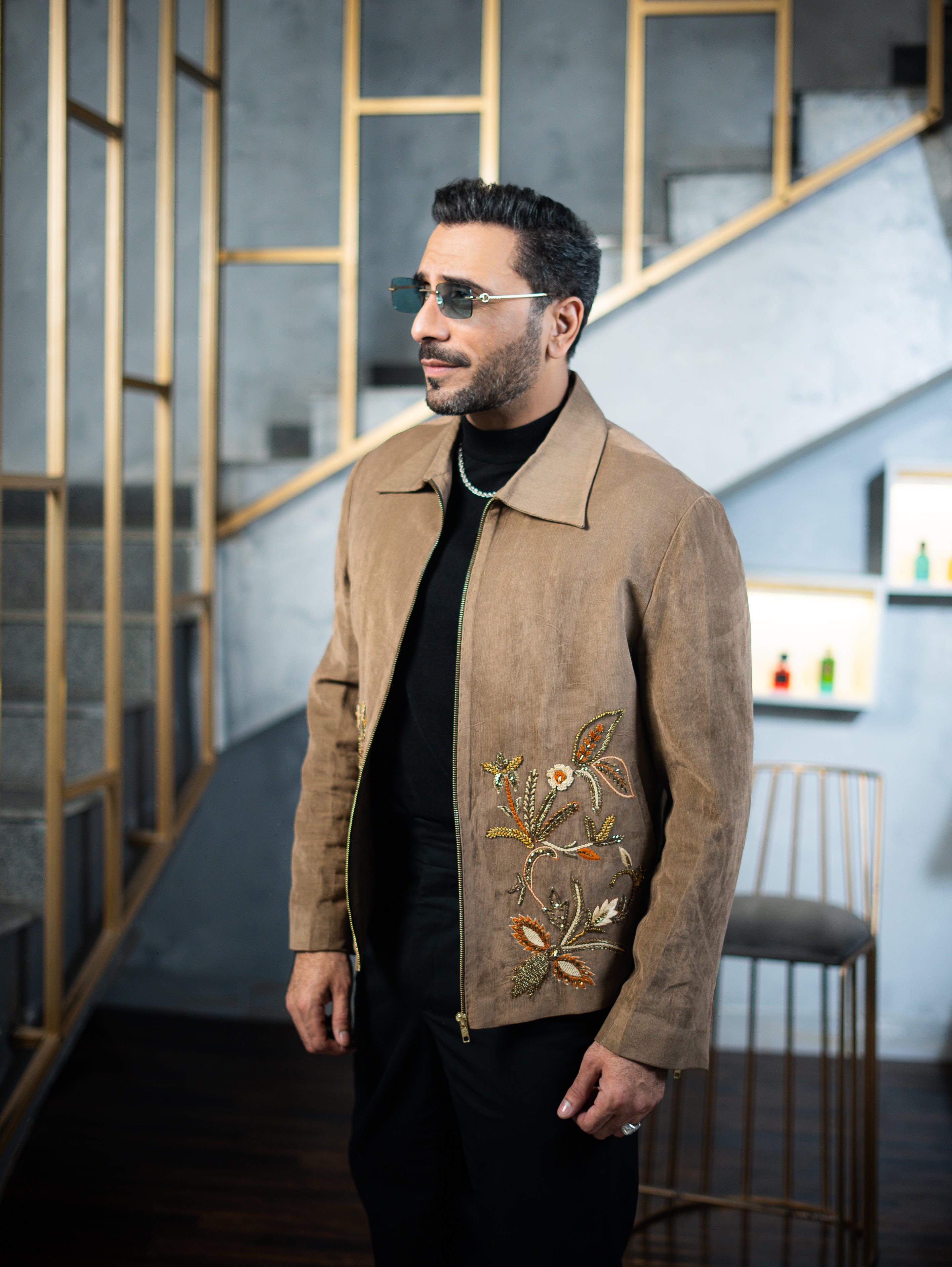 Embroidered Beige Velvet Zipper Jacket Winter Jackets Humayun Alamgir