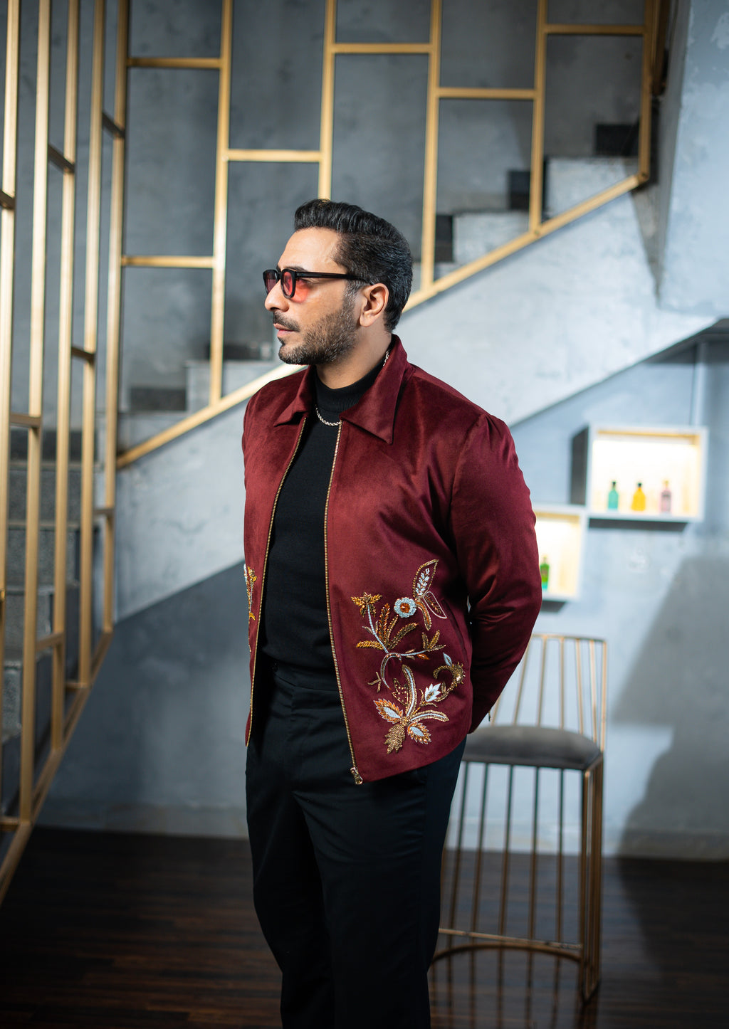 Embroidered Maroon Velvet Zipper Jacket Winter Jackets Humayun Alamgir