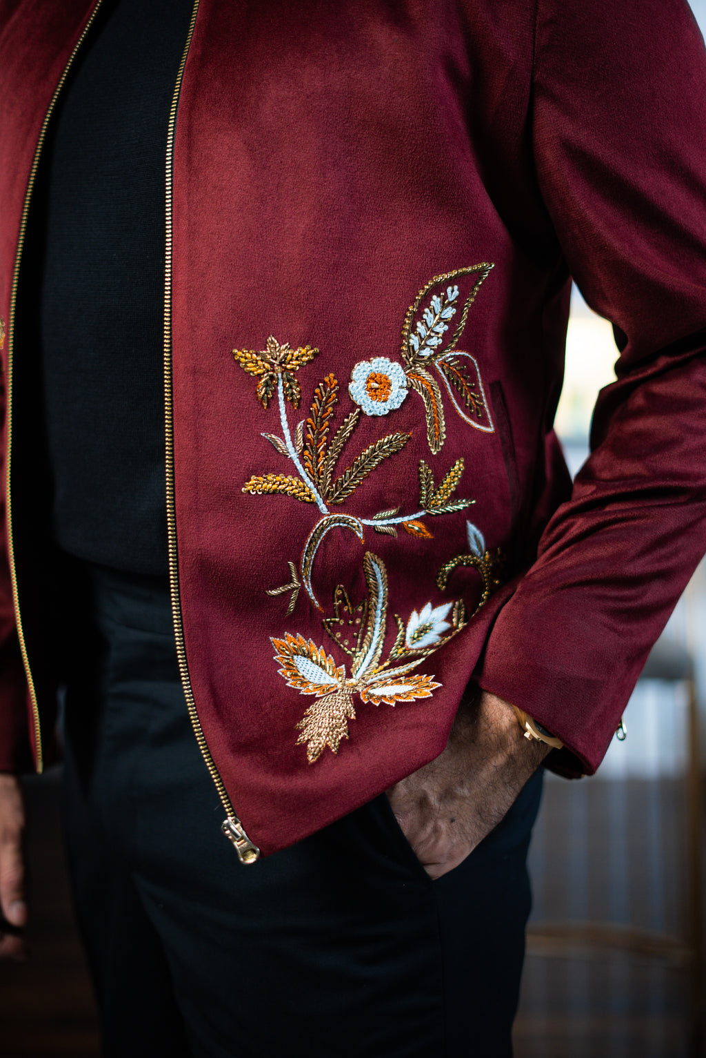 Embroidered Maroon Velvet Zipper Jacket Winter Jackets Humayun Alamgir