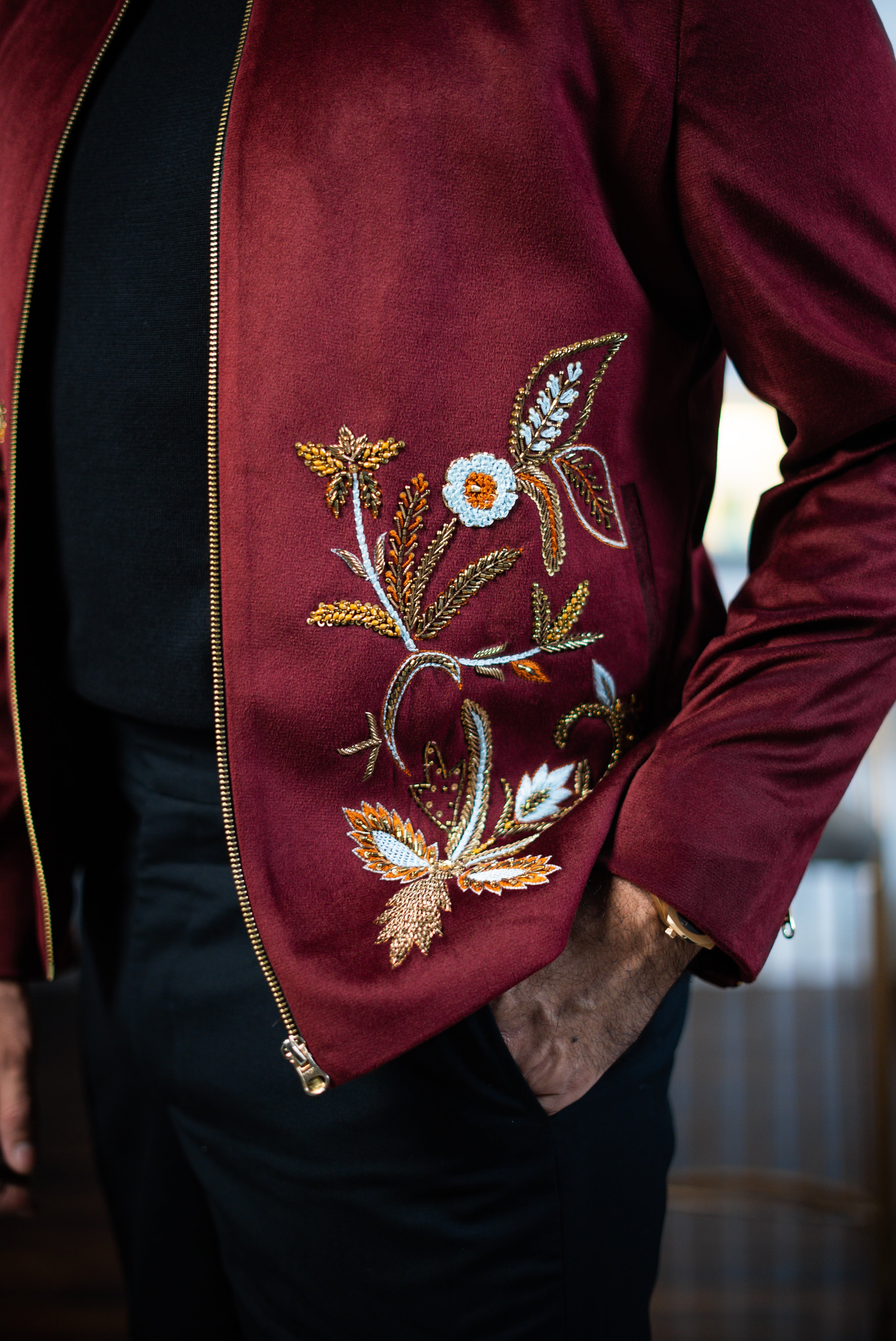 Embroidered Maroon Velvet Zipper Jacket Winter Jackets Humayun Alamgir