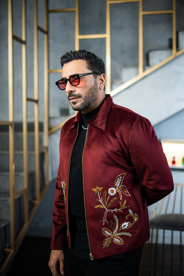 Embroidered Maroon Velvet Zipper Jacket