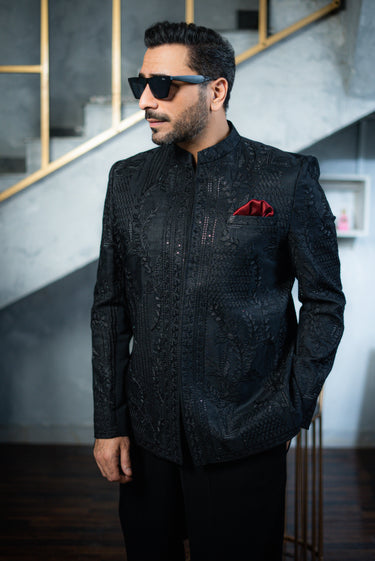 Jet Black Royale Embroidered Prince Suit
