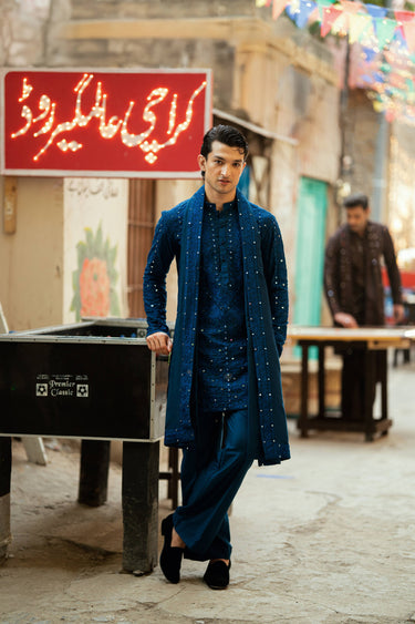 ELECTRIC  BLUE MIRROR EMBROIDERY KURTA PAJAMA