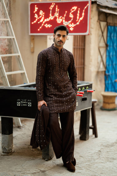 DARK BROWN MIRROR EMBROIDERY KURTA PAJAMA