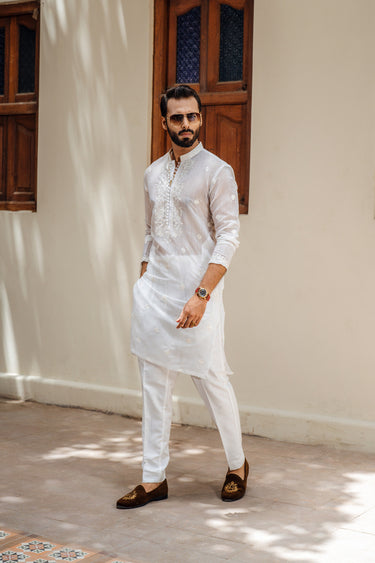 White Thread Embroidery Kurta Pajama