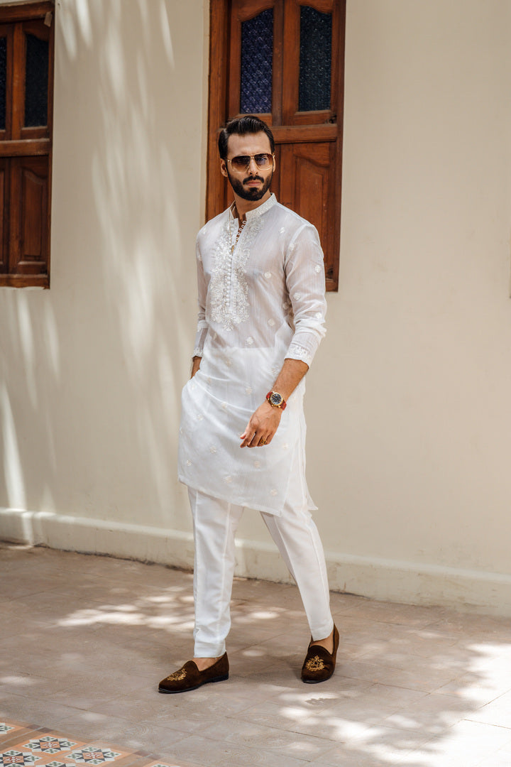 White Thread Embroidery Kurta Pajama Humayun Alamgir S