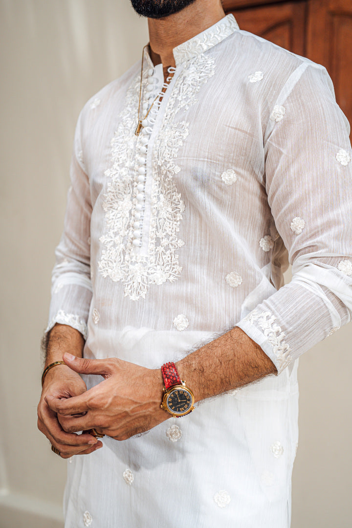 White Thread Embroidery Kurta Pajama Humayun Alamgir