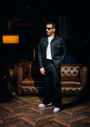 BLACK EMBOSSED CORD SET humayaunalamgir