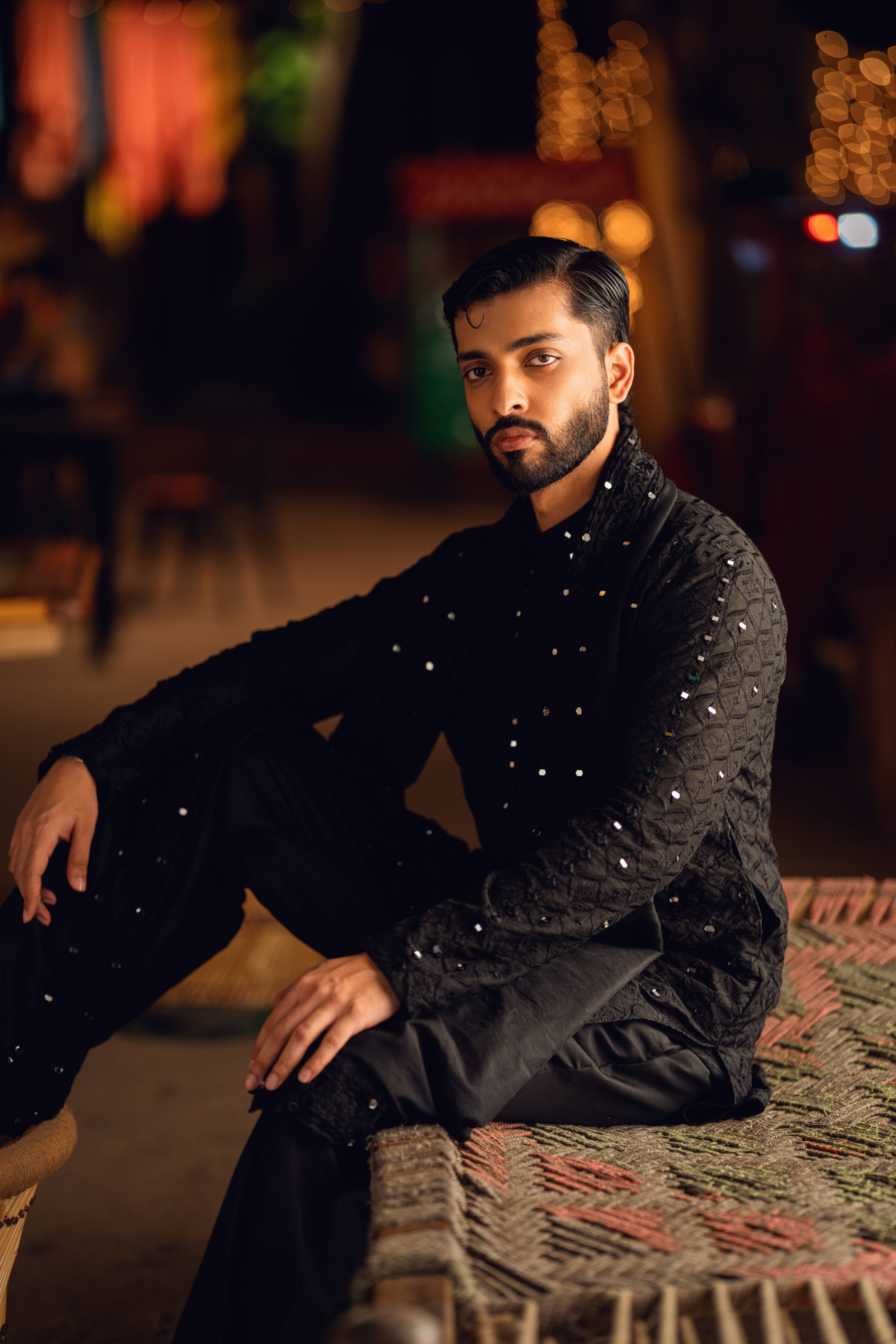 SHEESH – POSH BLACK KURTA PAJAMA Humayunalamgir