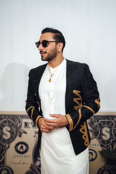 Black Embossed Prince Coat humyaunalamgir S Prince Coat