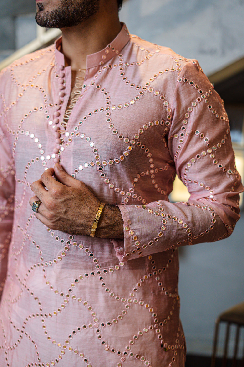 Tea Pink Embossed Mirror Work Kurta HumayunAlamgir