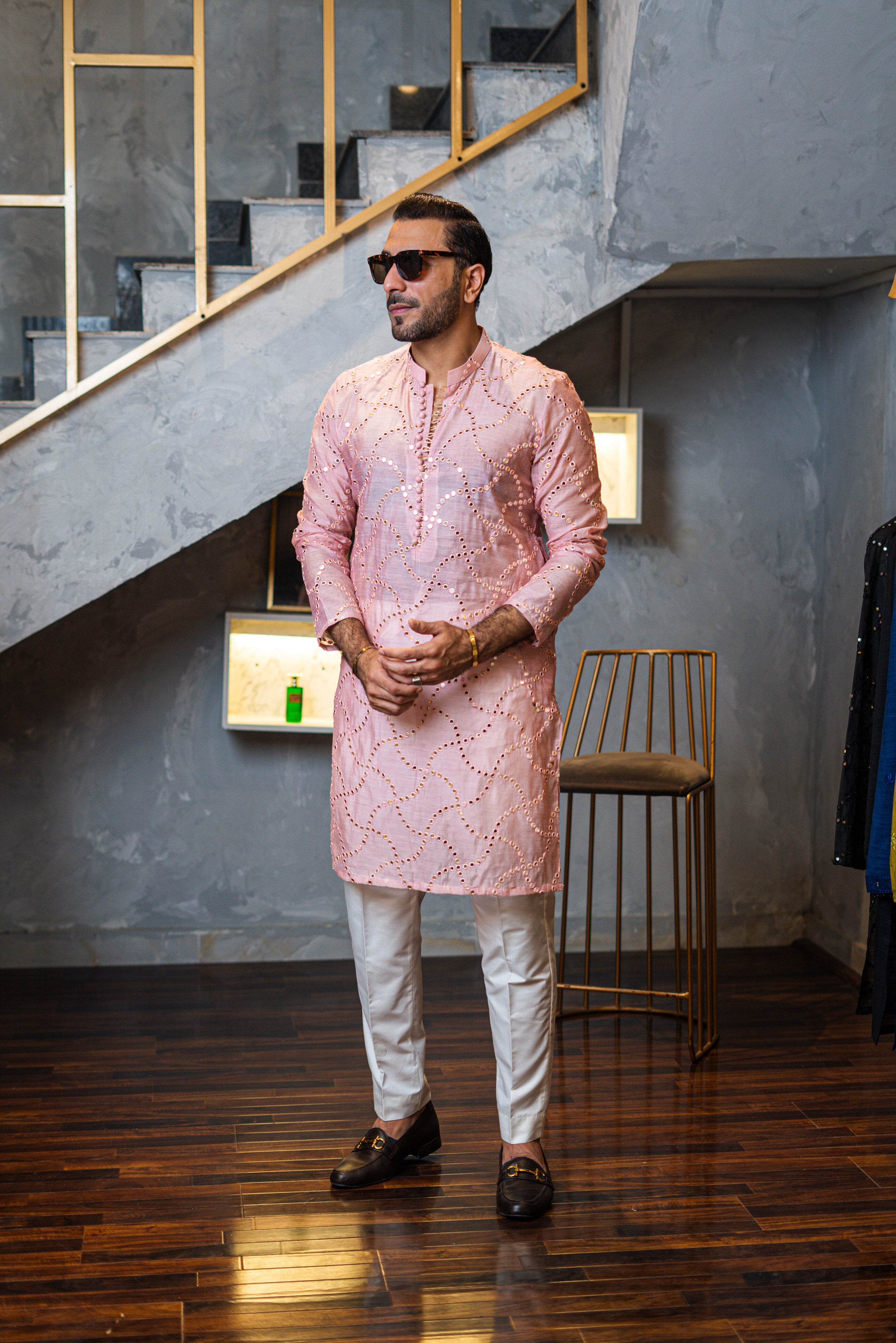 Tea Pink Embossed Mirror Work Kurta HumayunAlamgir S