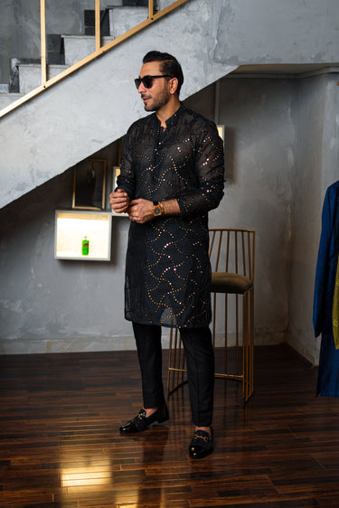 Black Embossed Mirror Work Kurta HumayunAlamgir S
