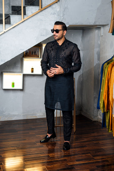 Black Embossed Sequence Work Kurta HumayunAlamgir S