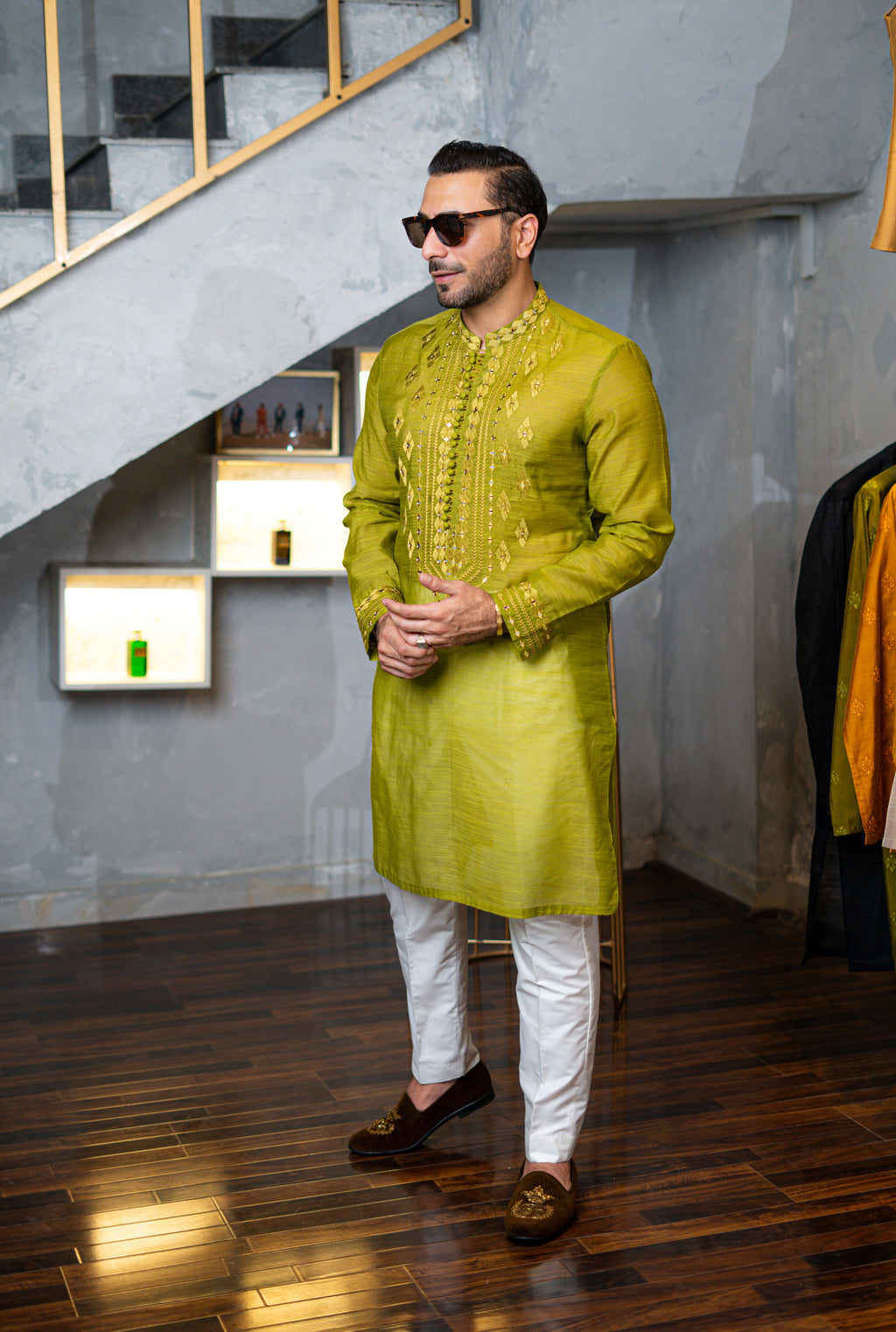 Pallete Green Self Embossed Sequence Work Kurta pajama HumayunAlamgir