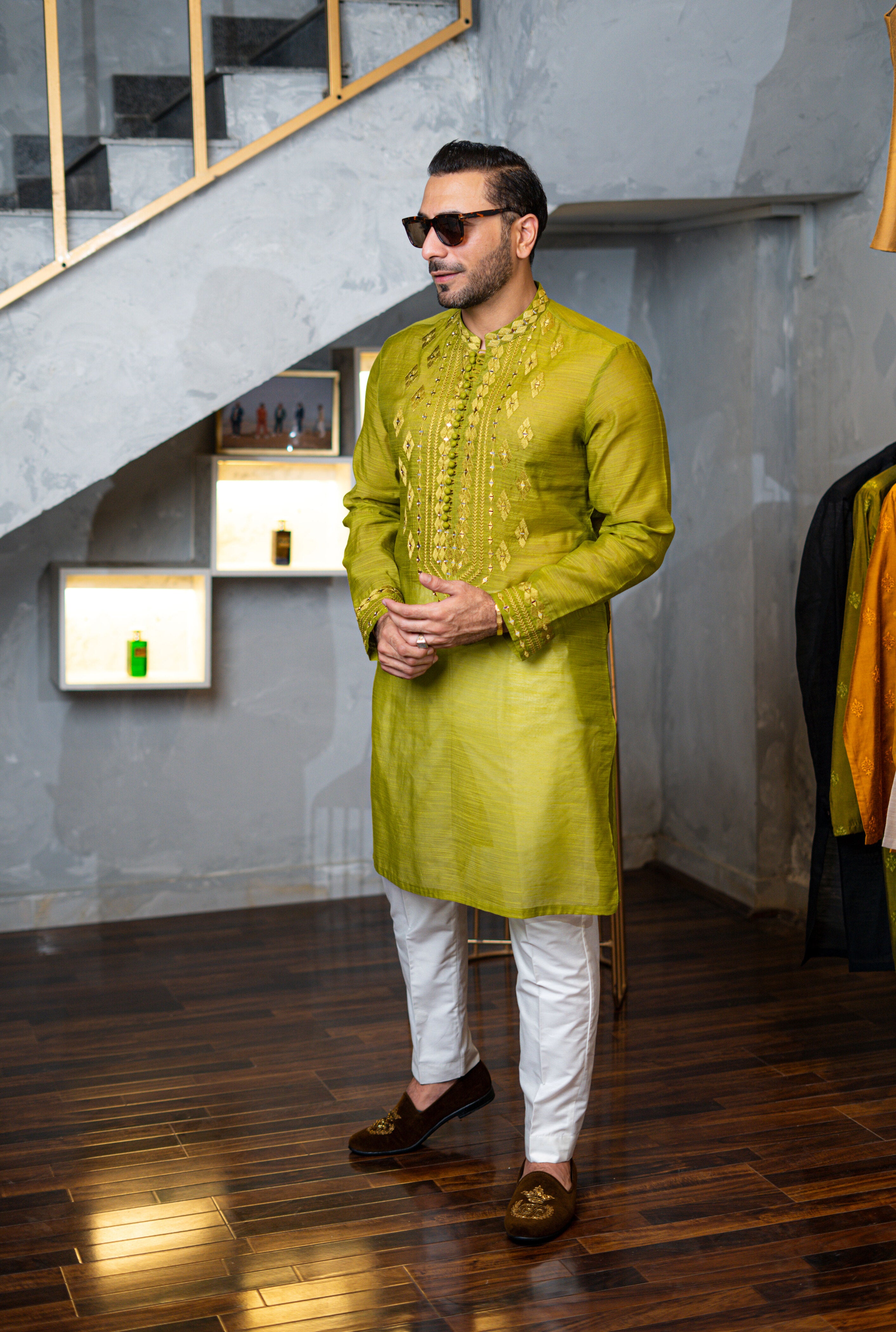 Pallete Green Self Embossed Sequence Work Kurta pajama HumayunAlamgir