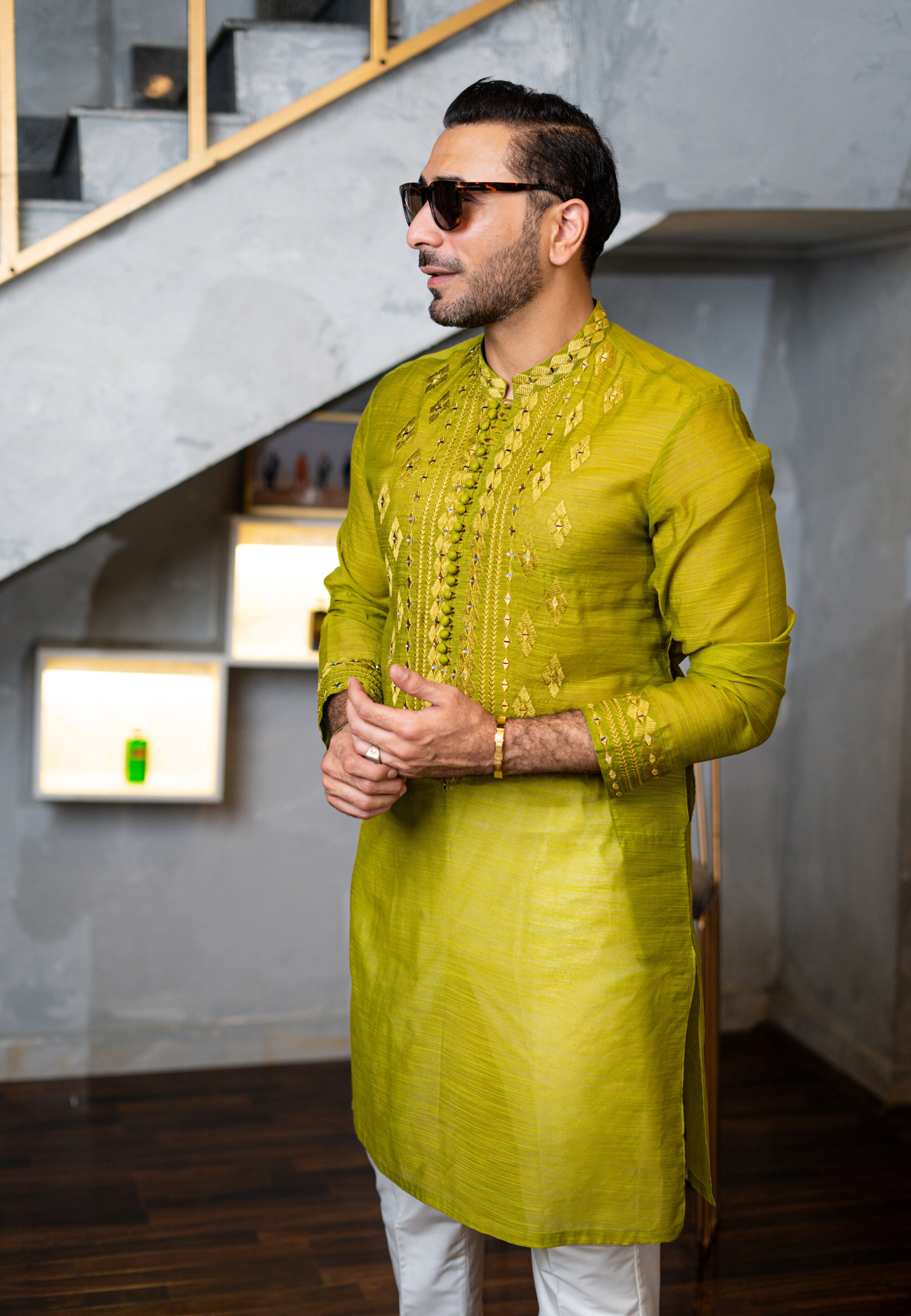Pallete Green Self Embossed Sequence Work Kurta pajama HumayunAlamgir