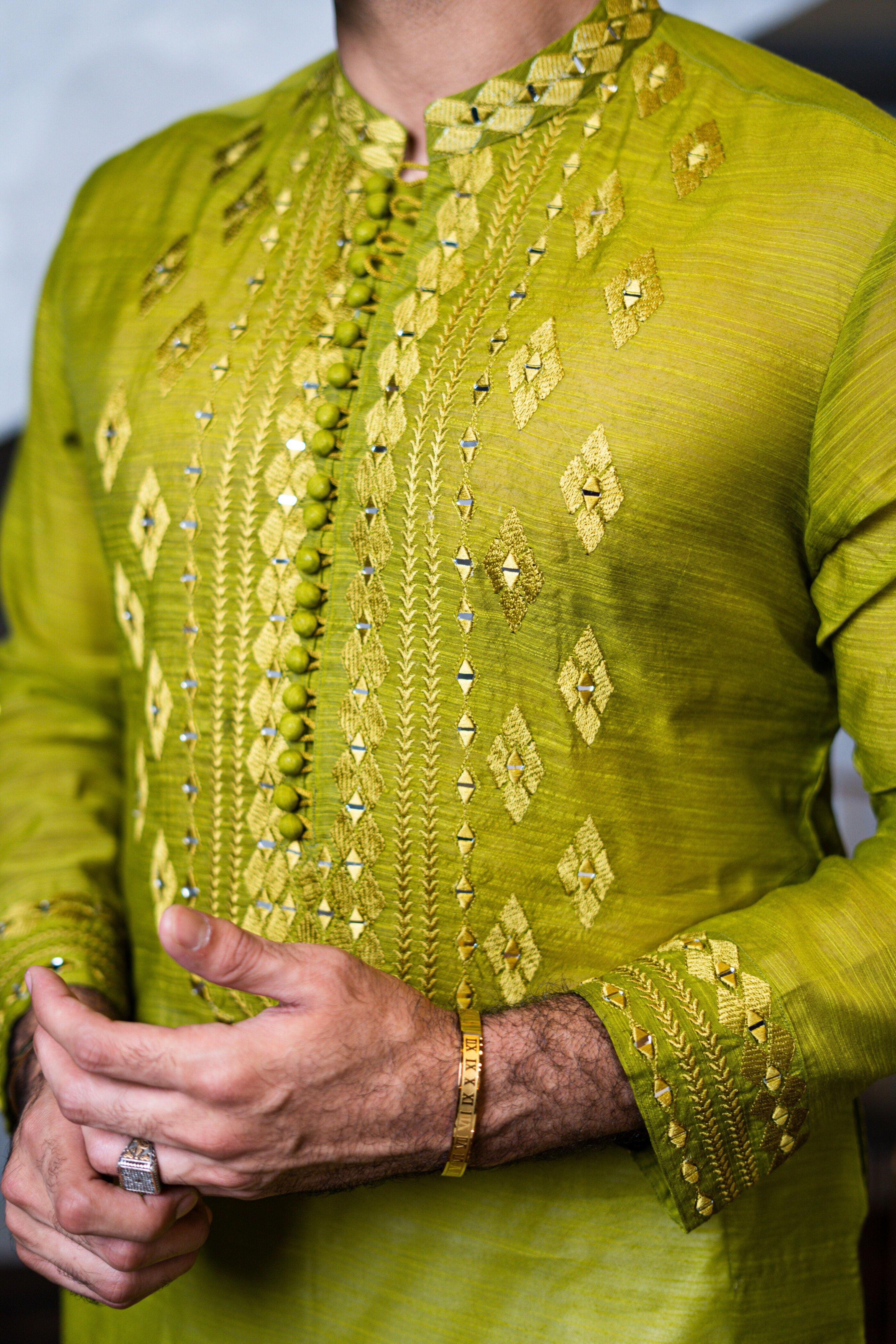 Pallete Green Self Embossed Sequence Work Kurta pajama HumayunAlamgir