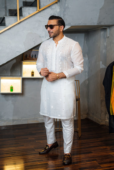 White Embossed Mirror Work Kurta Pajama