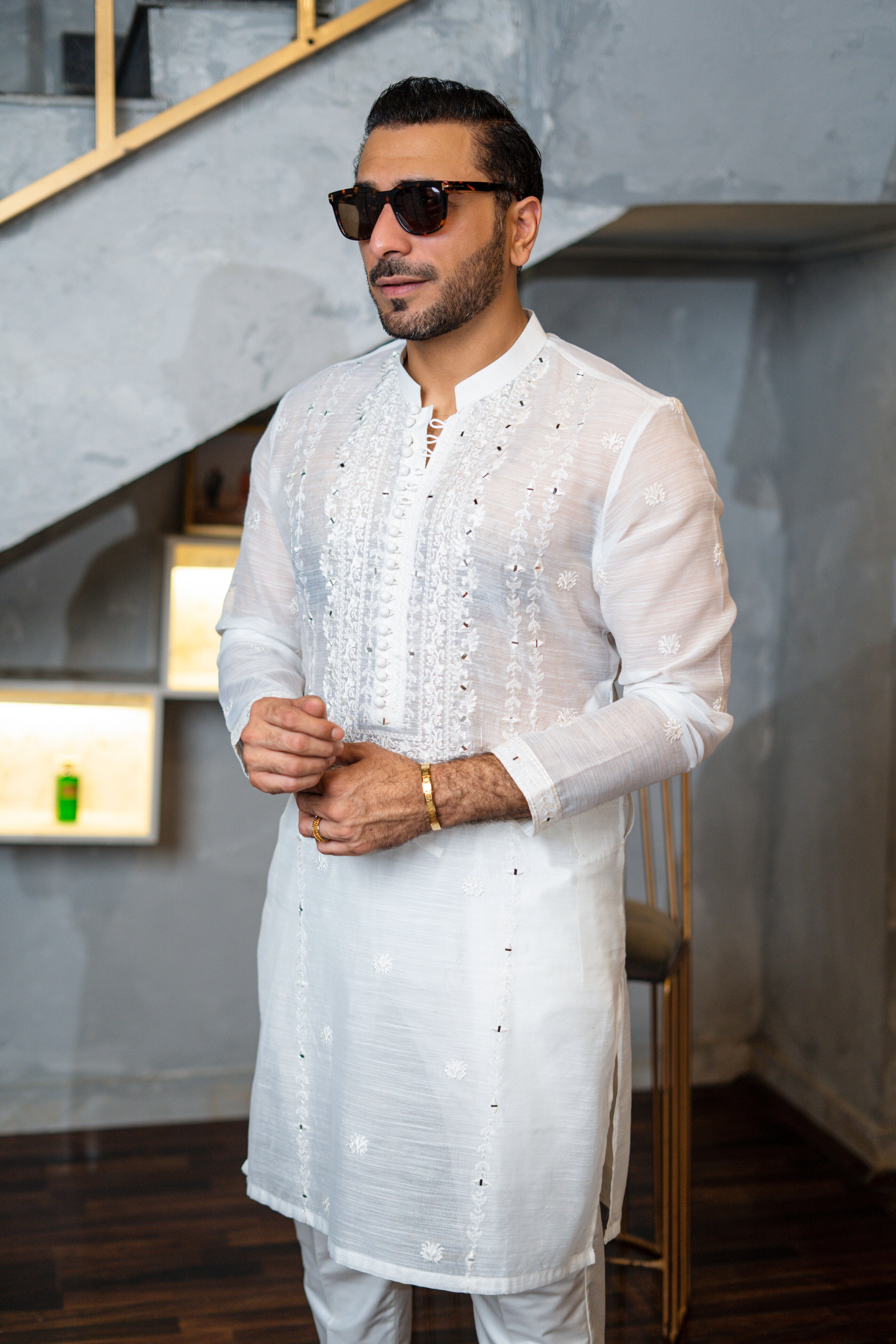 White Embossed Mirror Work Kurta Pajama HumayunAlamgir