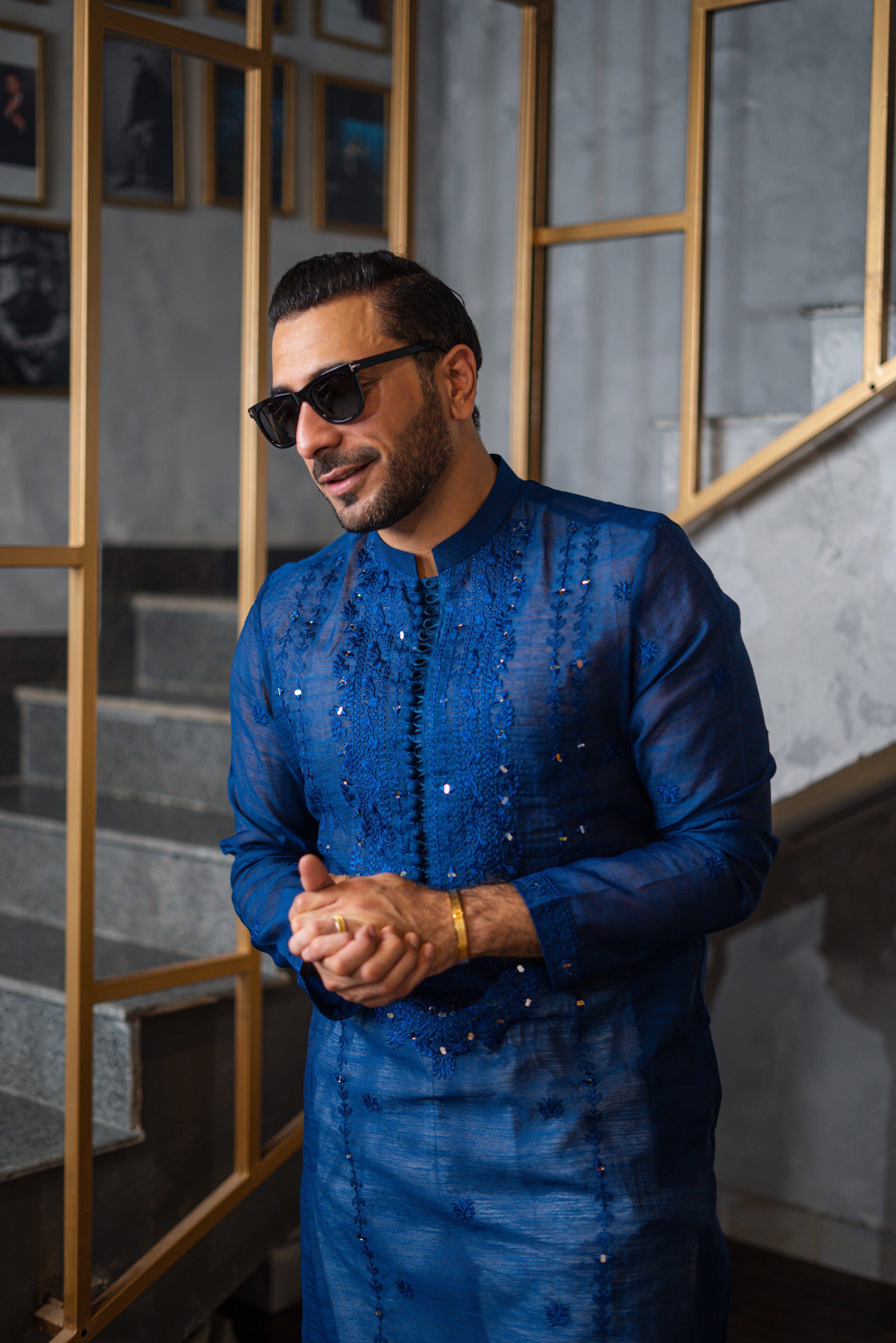 Blue Embossed Mirror Work Kurta Pajama HumayunAlamgir