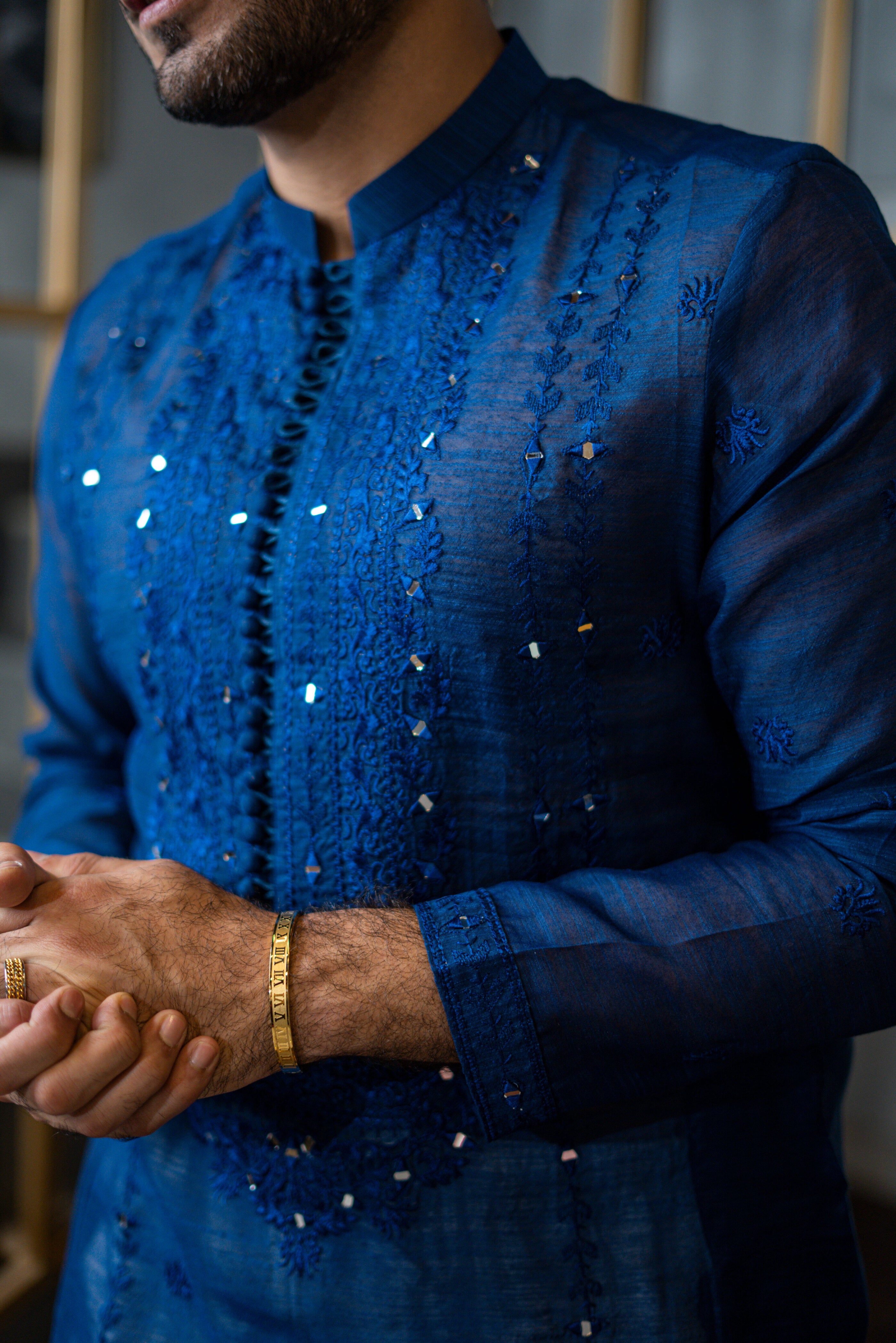 Blue Embossed Mirror Work Kurta Pajama HumayunAlamgir