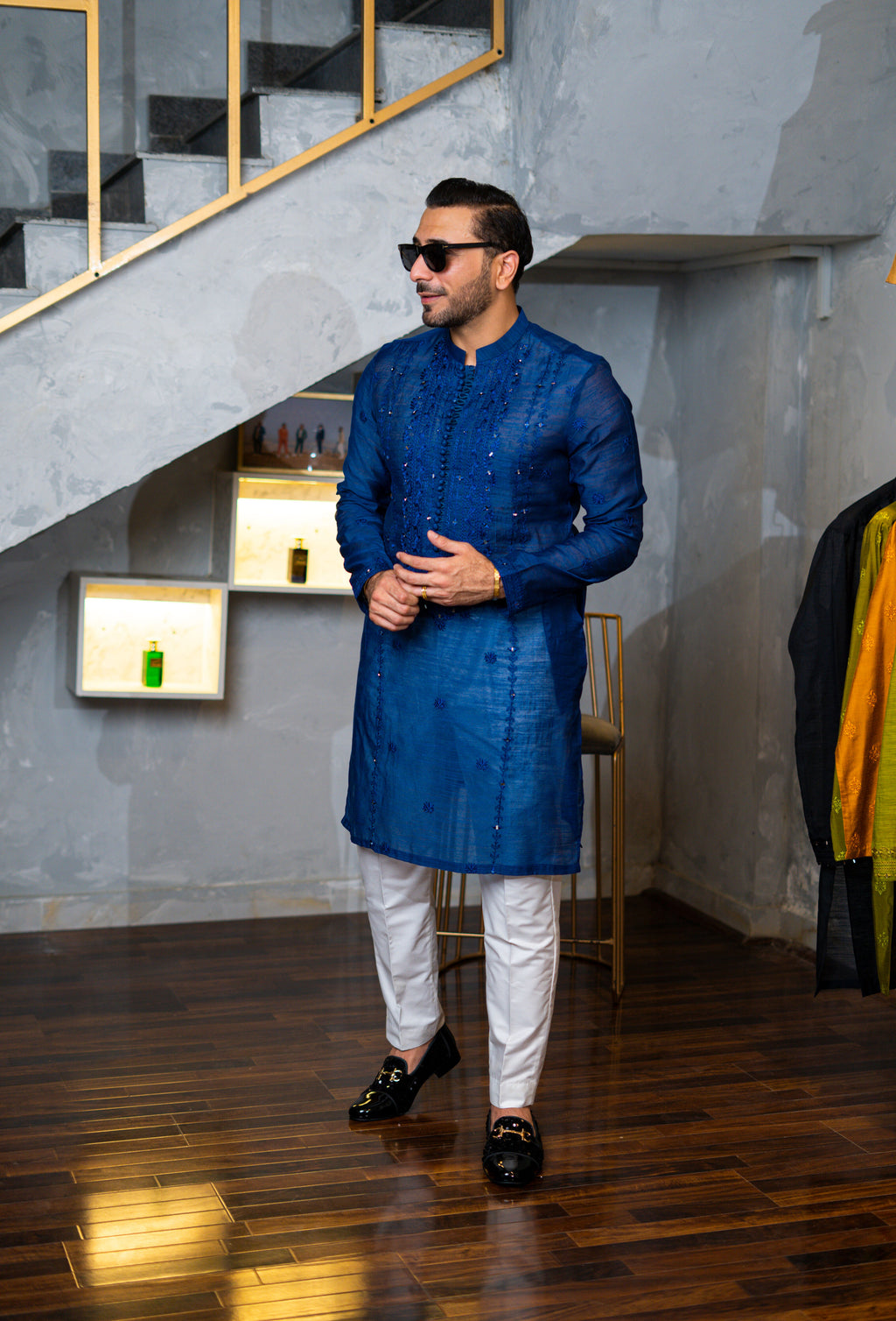 Blue Embossed Mirror Work Kurta Pajama HumayunAlamgir