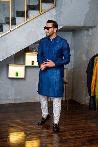 Blue Embossed Mirror Work Kurta