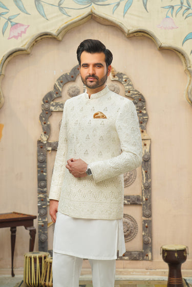 Self Embossed White Daman Prince Coat humyaunalamgir