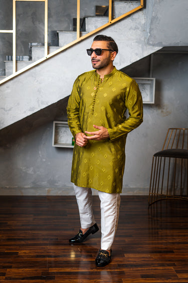 Olive Green Embossed Kurta Pajama